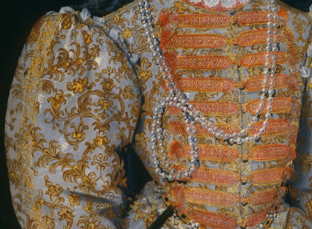 Detail of the lace on bodice and sleeve from portrait of Queen Elizabeth I, also known as the ‘Darnley portrait’, by unknown Netherlandish artist, oil on panel, c.1575 © National Portrait Gallery, London
