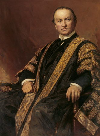 George Nathaniel Curzon, 1st Marquess Curzon of Kedleston, KG, GCIE, PC, MP (1859-1925) in the Robes of Chancellor of Oxford University by Sir Hubert von Herkomer, CVO, RA (1849–1914), 1907/14. National Trust, Kedleston Hall, Derbyshire © National Trust Images/John Hammond