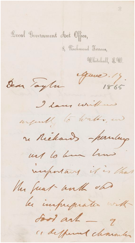 Image of GFW/1/2/3, Letter from Tom Taylor, Local Government Act Office, 8 Richmond Terrace to J. E. Taylor, Manchester, 17 June 1865. © Heinz Archive and Library, National Portrait Gallery, London