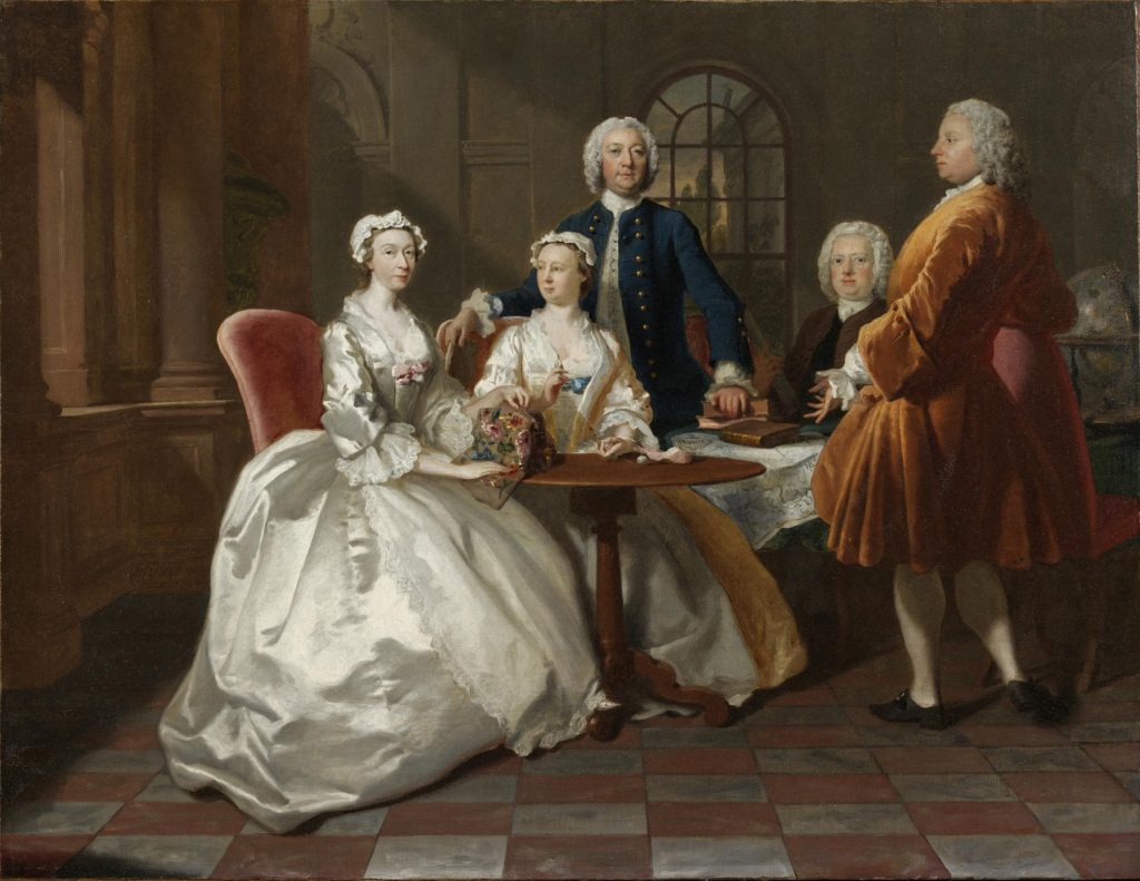 Joseph Highmore, Conversation piece, including Jane Vigor with family and friends (Joseph Vigor, Ann Vigor, William Vigor and probably John Penn), oil painting, c.1744, Victoria and Albert Museum. A painting illustrated the range of fabrics used during the period. In this instance the women are dressed in silk satin and lace, and the men are wearing full skirted coats made from silk velvet and wool.