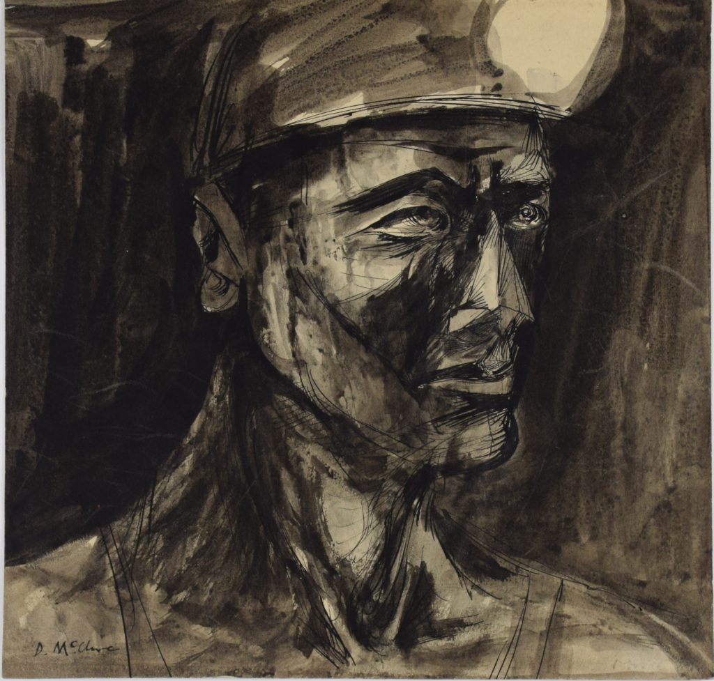 Head of a Miner by David McClure, 1948. Pen and ink on paper. 225mm x 235mm. Photograph: Richard Hawkes. Copyright: The David McClure Estate. Courtesy of The Auckland Project.