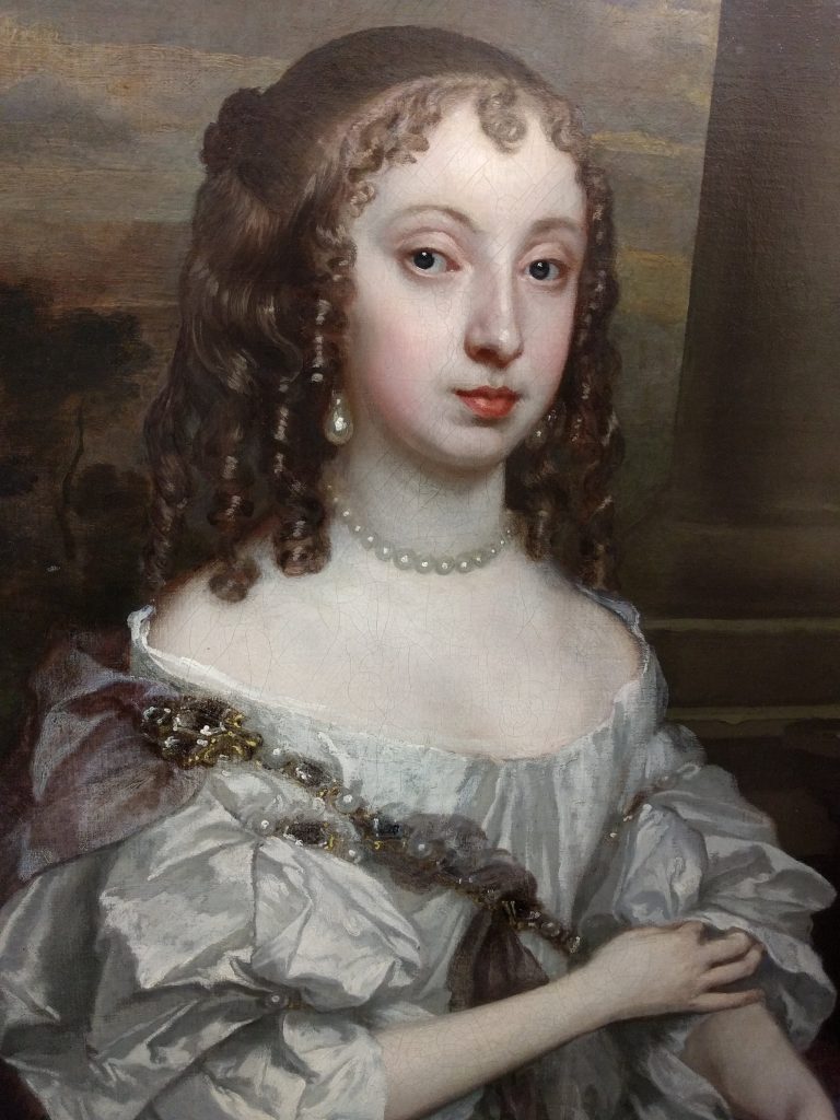 Detail of ‘Sir Thomas Fanshawe, Kt., of Jenkins (1628-1705) and his 1st wife, Margaret (1635-1674)' showing the gold and diamond chain crossing Margaret’s body and her pearl necklace and earrings. Valence House Museum, LDVAL 10