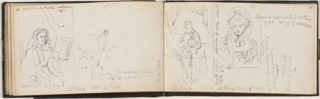 Fig. 4. George Scharf, Sketches of items from the Spencer Collection, including Cornelis Bisschop’s ‘Seated Old Woman with a Book’, Jacopo Bassano’s ‘Feeding of the 5000’, Joshua Reynolds’s ‘Portrait of George 2nd Earl Spencer’ and ‘Portrait of Lavinia, Viscountess Althorp’, Althorp, Northamptonshire, 16 October 1856. Pages 98-99 of Scharf Sketchbook 43. Heinz Archive, National Portrait Gallery, London