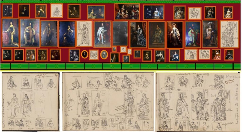 Fig. 7. Author’s reconstruction of a section of the British Portrait Gallery hang at the Art Treasures Palace (North Wall, Back of Saloon D). Huysmans’s Portrait of John Wilmot, Earl of Rochester is bottom row third from the left). The reconstruction is drawn from Scharf’s sketches of this area of the hang compiled on 10 October 1857 (illustrated) – pages 24-26 recto of Scharf Sketchbook 49. Heinz Archive, National Portrait Gallery, London