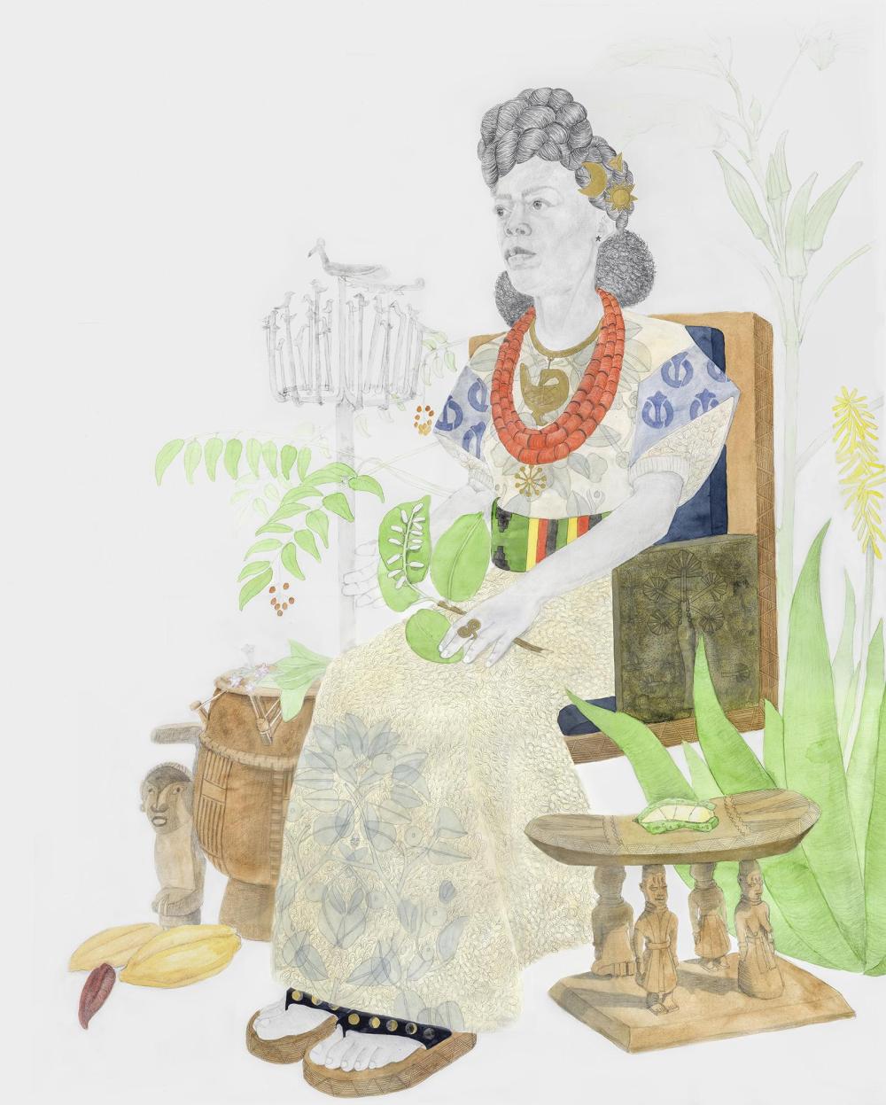 To Reimagine an African Queen by Charmaine Watkiss, 2025. Pencil, graphite, watercolour and 23.44ct shell gold on paper. NPG S38 © Charmaine Watkiss. Commissioned for Artists First with kind support from the CHANEL Culture Fund, 2025.