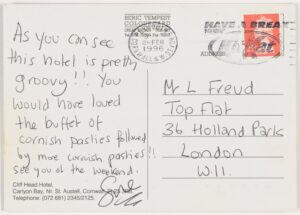 Postcard from Sue Tilley to Lucian Freud (postcard 2: reverse). © Sue Tilley. Part of the Lucian Freud Archive.