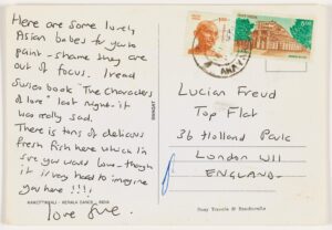 Postcard from Sue Tilley to Lucian Freud (postcard 1: reverse). © Sue Tilley. Part of the Lucian Freud Archive.
