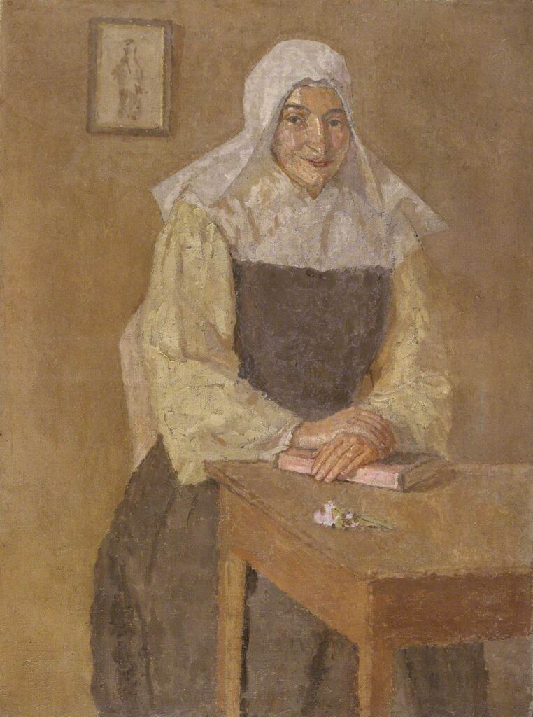 Gwen John, Mere Poussepin Seated at a Table, 1913–1920. Oil on canvas, 88.3 x 65.4 cm. Amgueddfa Cymru - National Museum Wales (NMW A 149).