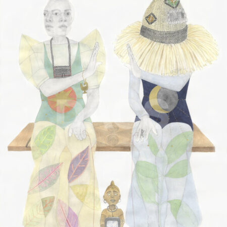 Pencil, water soluble graphite, watercolour, ink, colour pencil, 23.44ct shell gold and Rekitts Blue on paper. © Charmaine Watkiss. All Rights Reserved DACS Images.