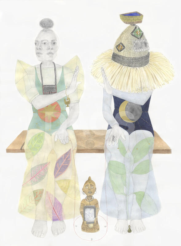 Pencil, water soluble graphite, watercolour, ink, colour pencil, 23.44ct shell gold and Rekitts Blue on paper. © Charmaine Watkiss. All Rights Reserved DACS Images.
