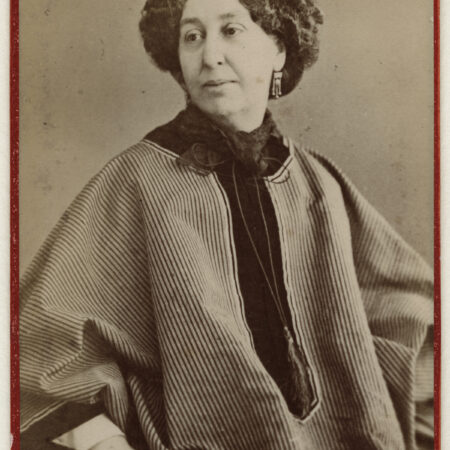 George Sand (Amandine-Aurore-Lucile Dupin, later Baroness Dudevant), by Nadar. Albumen carte-de-visite, 1866. 3 3/4 in. x 2 3/8 in. (95 mm x 60 mm). Purchased, 1959. NPG Ax17907. Currently on display in Room 22 on Floor 2 at the National Portrait Gallery.