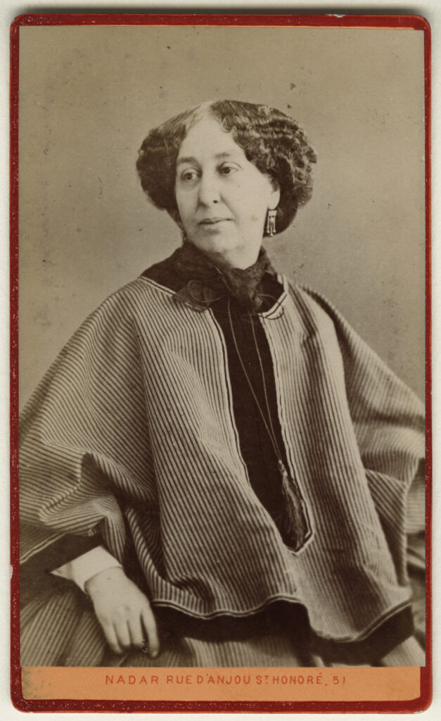 George Sand (Amandine-Aurore-Lucile Dupin, later Baroness Dudevant), by Nadar. Albumen carte-de-visite, 1866. 3 3/4 in. x 2 3/8 in. (95 mm x 60 mm). Purchased, 1959. NPG Ax17907. Currently on display in Room 22 on Floor 2 at the National Portrait Gallery.